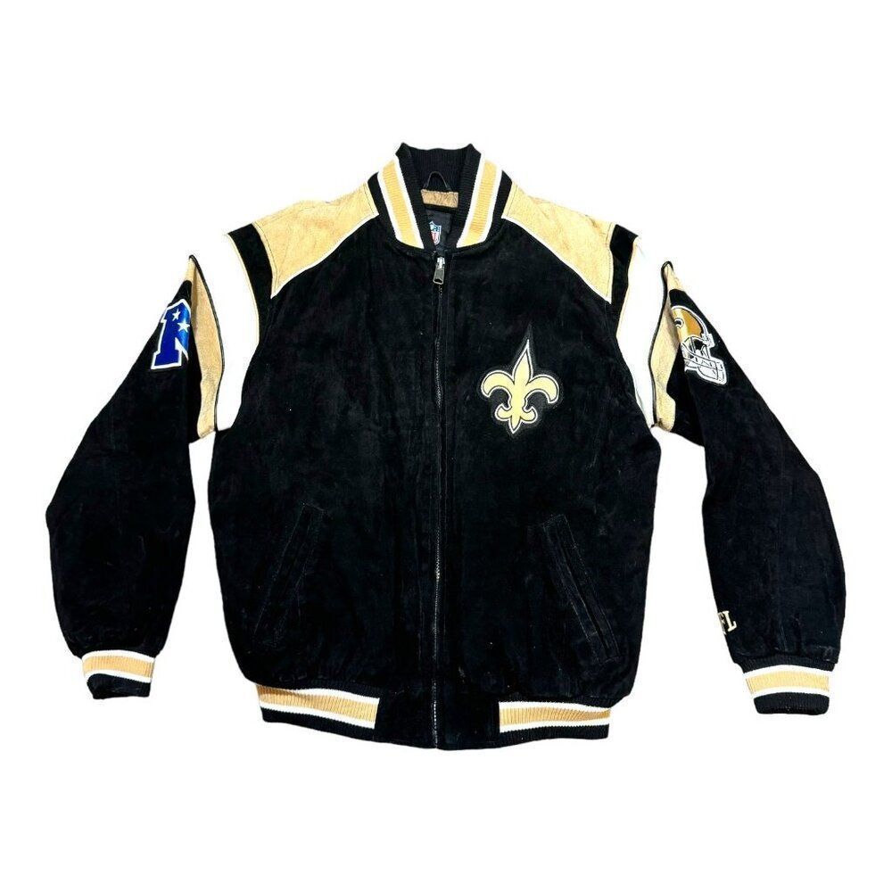 New Orleans Saints NFL Varsity Jacket Medium Black Gold Suede VTG Full Zip SEE